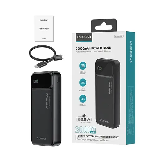Повербанк 20000 mAh Choetech B729 Black 22.5W QC3.0 PD3.0 (43-00115) - фото 3