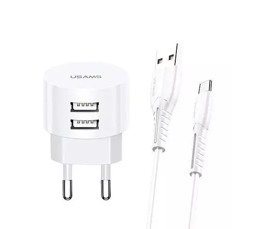 Зарядний набір Usams T20 2 виходи кутових USB (блок адаптер + кабель) білий - фото 1