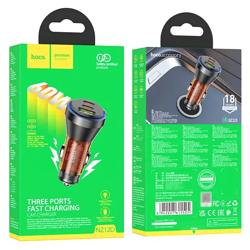Автомобильное зарядное устройство 3 порта - Hoco NZ12D Lucky 2*Type-C + 1*USB 60W оранжевый - фото 4