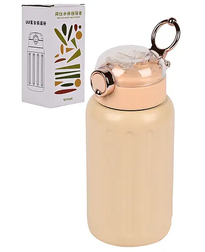 Термос-поїлка Stenson MT-5351 з ручкою та трубочкою на кнопці 500 мл Кремовий - фото 2