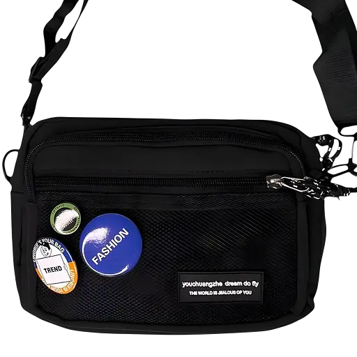 Детская сумка кросс-боди со значками в корейском стиле 17х22х7 см черная (25-577)