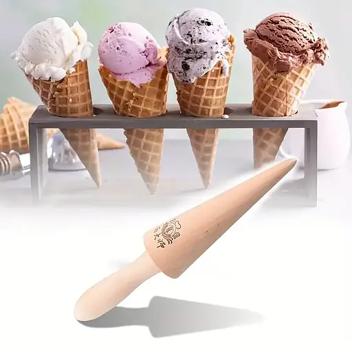 Дерев'яна форма-конус та паличка для згортання вафель та трубочок надання форми вафельним ріжкам 87911 - фото 3