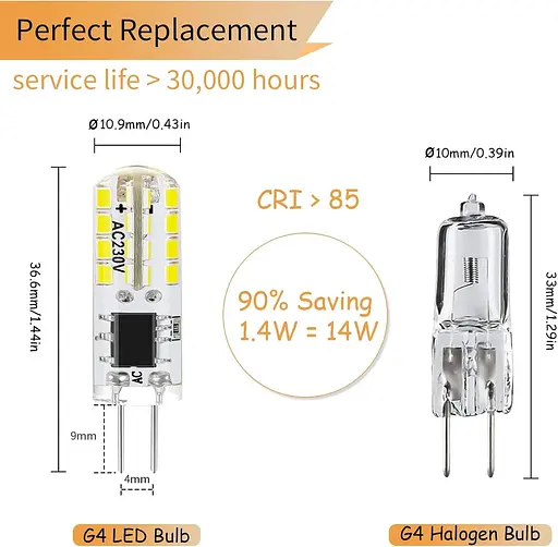 Світлодіодні лампи I-SHUNFA G4 змінного струму 230 В, прохолодний білий 6000K, 1,4 Вт, еквівалентний галогену 14 Вт, 150LM - фото 3