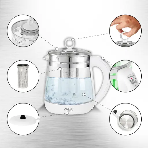 Электрочайник Adler AD 1299 1850-2200Вт 1.5л стекло заварник установка температуры белый - фото 7