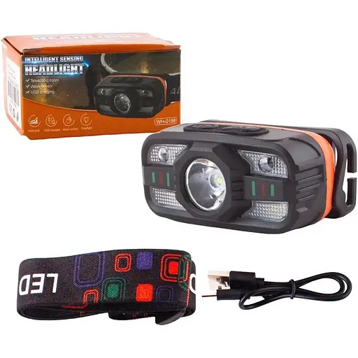 Налобный фонарь WH-0188 XPE+SMD (COB) white+red сенсорное управление АКБ Li-Ion ЗП Type-C - фото 1