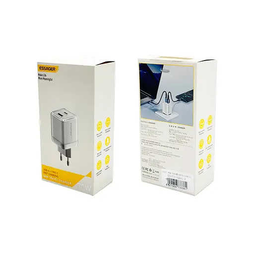 Мережевий зарядний пристрій EssagerEZCT70 Gan 1USB 1T-C 70W білий - фото 2