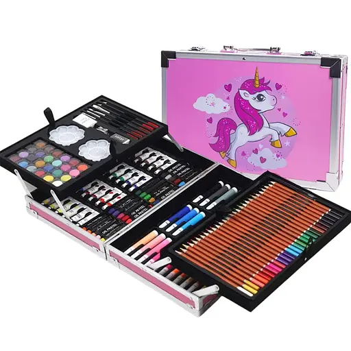 Набор для рисования и творчества детский в алюминиевом чемодане Единорог 145 предметов для юного художника Розовый - фото 1