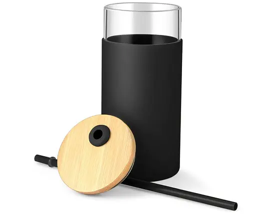 Скляна пляшка OldBro з силіконом 20oz з бамбуковою трубочкою black 550 мл - фото 2