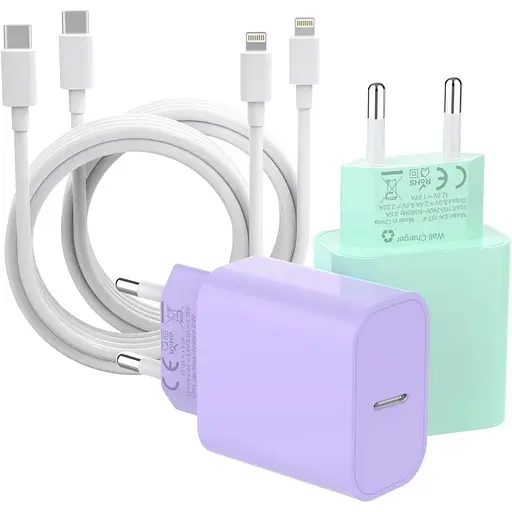 Быстрое зарядное устройство ZNBTCY светло-фиолетовое + светло-зеленое с зарядным кабелем для iPhone 2M (белый) 20 Вт 4 шт.