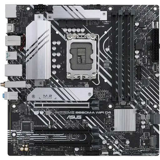 Материнская плата Asus Prime LGA1700, B660M-A WIFI D4, B660, 4xDDR4, Int.Video(CPU), 4xSATA3, 2xM.2, 1xPCI-E 16x 4.0, 2xPCI-E 16x 3.0, ALC897, GLan, WiFi 6, Bluetooth 5.2, 5xUSB3.2/6xUSB2.0, HDMI/DP, MicroATX