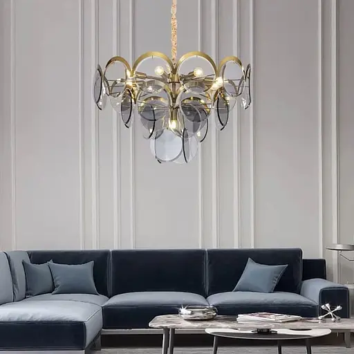 Люстра с серо-голубыми пластинами в латунном корпусе Ø 60 см | Ст. AT 08/7 | Line F - фото 3