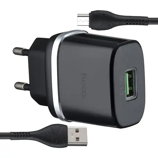 Мережевий зарядний пристрій Hoco C12Q Smart QC3.0 charger set Micro ( EU ) Чорний - фото 1