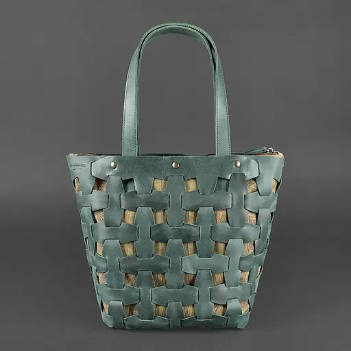 Шкіряна плетена жіноча сумка Пазл L зелена Crazy Horse - фото 8