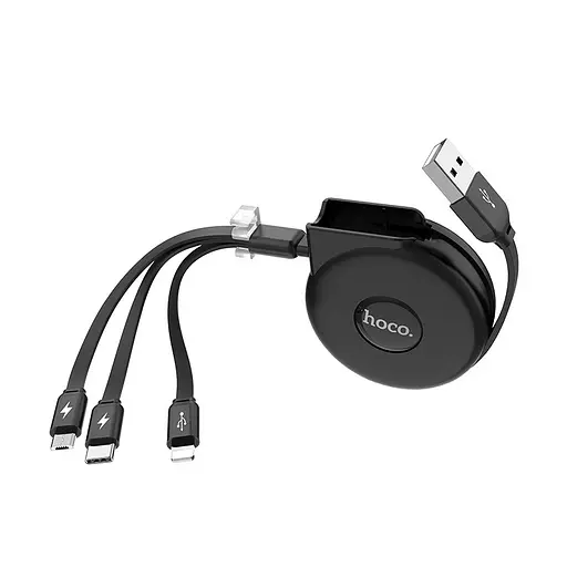 Кабель - рулетка 3 в 1 Hoco U50 combo retractable Micro USB+Lightning+Type-C черный - фото 1
