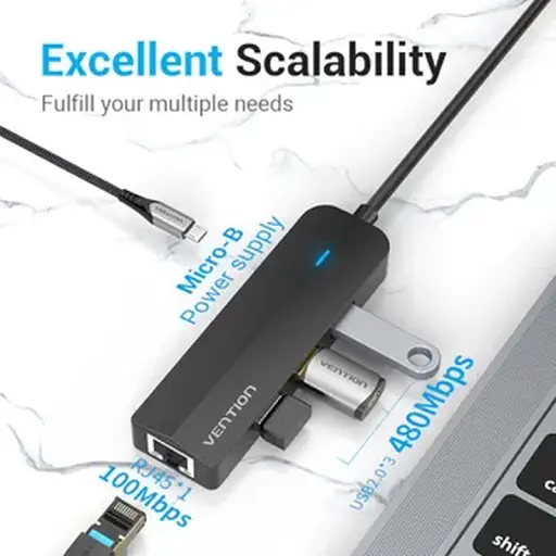 Хаб Vention Type-C to USB 2.0*3/RJ45/Micro-B TGOBB - фото 3