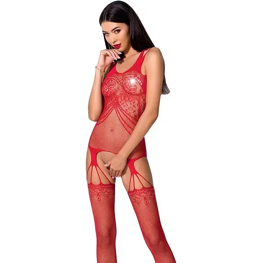 Бодистокинг Passion BS070 Red, комбинезон, имитация чулок и ажурного топа