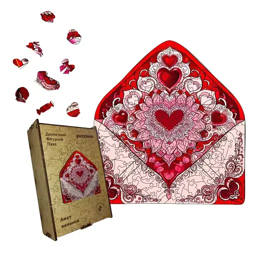 Деревяний фігурний пазл Лист Кохання, А4, Картонна коробка 100 елементів