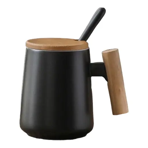 Кухлі керамічні комплект OldBro з дерев'яною ручкою кришкою та ложкою 480 мл black white - фото 4