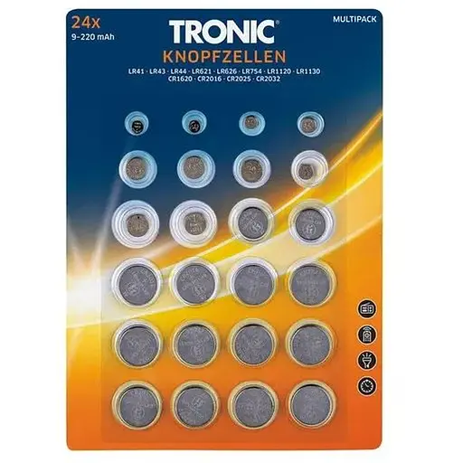 Батарейки таблетки 24 шт. TRONIC 12 типов: LR41/LR43/LR44/AG1/AG4/AG5/CR 2032/CR 2025/CR2016