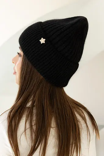 Женская зимняя шапка Бини Ангора с ангорой 80% орнаментом и флисовой подкладкой Черный - фото 2