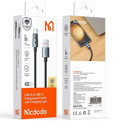 Кабель Mcdodo USB-C Transparent Cable with Charging Light 1.2 м CA-6890 Чорний - фото 2