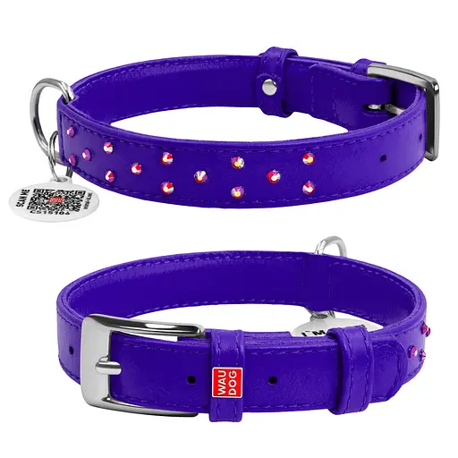 Нашийник для собак шкіряний Waudog Glamour з QR-паспортом з клейовими стразами Ш 20 мм Д 30-39 см фіолетовий