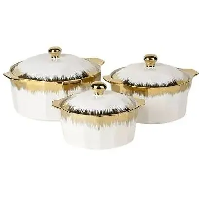 Набір супниць керамічних із кришками 3 шт 1,5 л 2,5 л 3,5л Білий із золотистим декором - фото 1