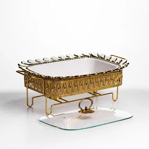 Мармитница фарфоровая Yiwu Tiffany 1.5 л квадратная со стеклянной крышкой на металлической подставке с подогревом 34х26х7 см для первых блюд SX42-2 - фото 3