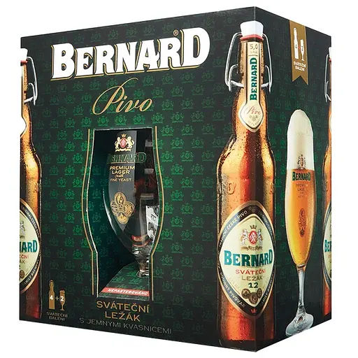 Подарочный набор пива Bernard Celebration Lager светлое фильтрованное 5% 0.5 л х 4 шт. + 2 бокала по 0.4 л