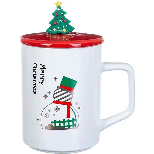 Кружка R33367-1 Новорічний калейдоскоп кераміка з кришкою і ложкою 360 мл Біла - фото 1