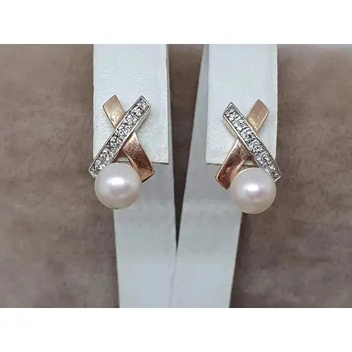 Золоті сережки-пуссети ЮЗ "Багет" з діамантами і перлами. 2353 - фото 3