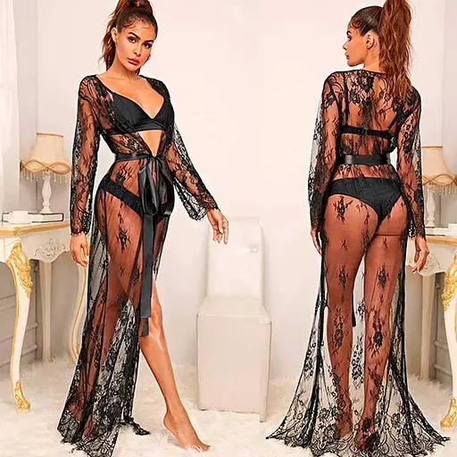 Комплект з халатом в підлогу та трусиками прозорий S/M чорний - фото 3