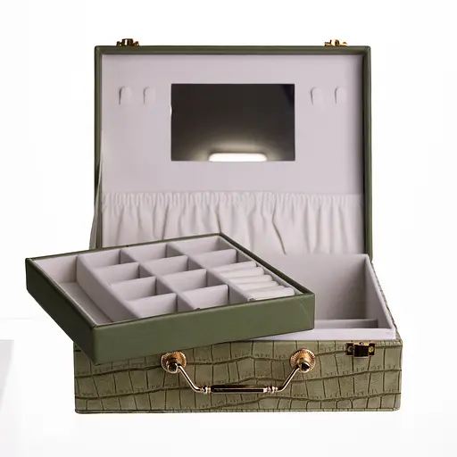 Скринька для прикрас з екошкіри 19 відділень із дзеркалом 23.5×14×8 см органайзер для прикрас Зелений Yiwu HP-5-20GR - фото 6
