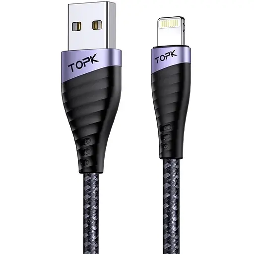 Кабель для заряджання iPhone TOPK, нейлоновий кабель преміумкласу USB-A до Lightning 2m MFI