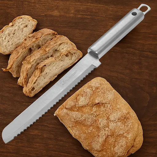 Нож зубчатый кухонный для нарезки хлеба с длинной пилой из нержавеющей стали 33.5 см, Kitchen Master Серебристый 87184 - фото 5