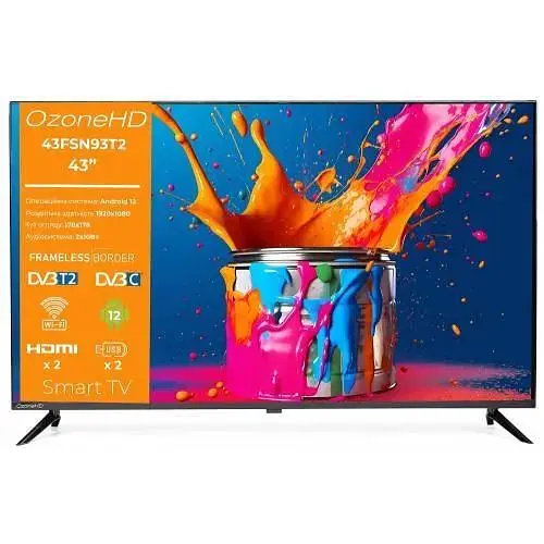Телевізор 40" OzoneHD 40FSN93T2, 1920х1080, 60 Гц, Smart TV, Android 12.0, DVB-T2/C, 2xHDMI, 2xUSB, 1xзовнішня антена Wi-Fi, VESA - фото 1