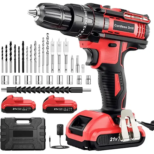 Набір акумуляторних дриль MHPRO 21 В, акумуляторний ударний дриль з 2 батареями 2000 мАг, момент, що крутить 25+3