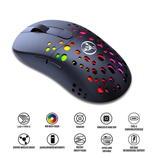 Мышь беспроводная игровая с аккумулятором и подсветкой 2.4 gHz HYSJ Т100 E-Sports Black - фото 6
