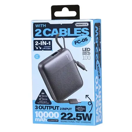 Павербанк Remax FC-05 / 10000 мАг / 22.5 Вт / USB-C + Lightning / PD+QC / Cірий - фото 2