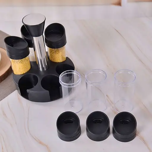 Набор из 6 стеклянных баночек для специй и приправ на вращающейся подставке 360 градусов, дозатор 3 режима Черный 88204 - фото 7