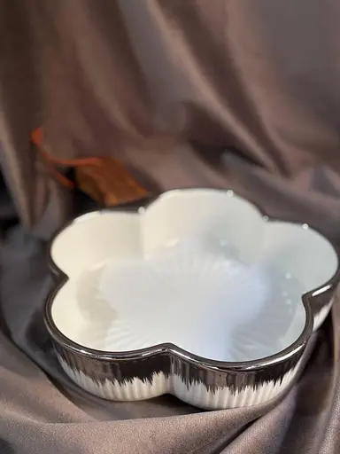 Керамическая тарелка с ручкой в форме листа для десертов фруктов Белый с серебряным - фото 4