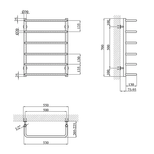 Полотенцесушитель водяной Kroner Скоба ДС09 700x530/6 CV018525, Хром, нижнее - фото 2