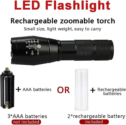 Яскравий ліхтарик COXNSXX з 2 перезаряджуваними батареями 18650 та універсальним зарядним пристроєм USB на 2 слоти, регульований, - фото 3