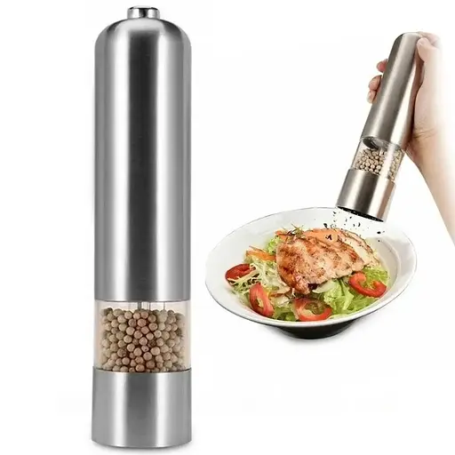 Електричний подрібнювач спецій млин сільничка перечниця перцемолка на батарейках (корпус з нержавіючої сталі) Сріблястий 84943 - фото 8