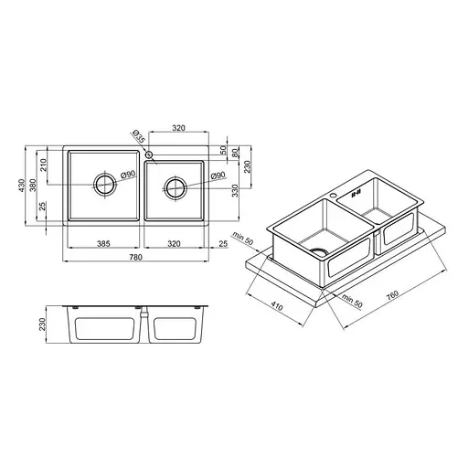 Кухонна мийка Lidz H7843 Brush 3.0/1.0 мм (LIDZH7843BRU3010), Нержавіюча сталь - фото 9