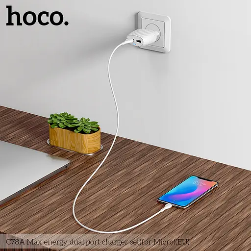 Блок мережевий адаптер живлення HOCO C78A Max energy набір із кабелем Micro USB білий - фото 5