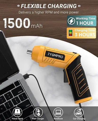 Електрична викрутка JYGMPRO, бездротова викрутка 3,6 В з акумулятором 1500 мАг, максимальний момент, що крутить 3,5 Нм, 250 об/хв - фото 4