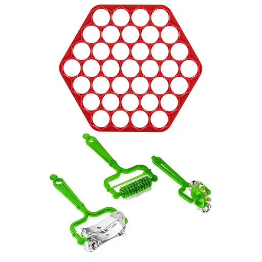 Комплект пельменниця пластикова та набір 3 дискових тісторізок: для чебуреків, пельменів, нарізування локшини, Kitchette 85170 - фото 1