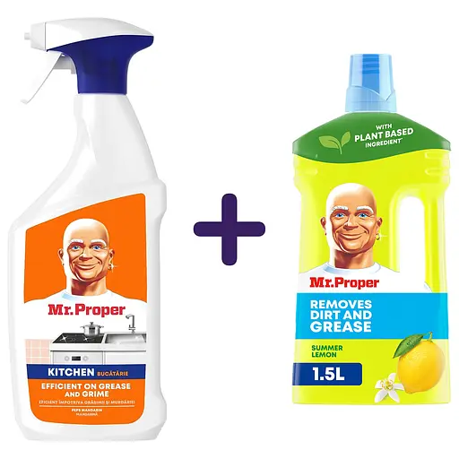 Набір: універсальний спрей для чищення Mr. Proper Бадьорий мандарин 800 мл + Ррідкий миючий засіб Mr. Proper для прибирання підлоги та стін Лимон 1.5 л