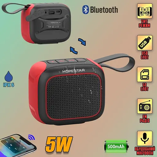 Портативная колонка Hopestar A22, 5 Вт/TWS/IPX6/500 мАч, серо-красная - фото 3